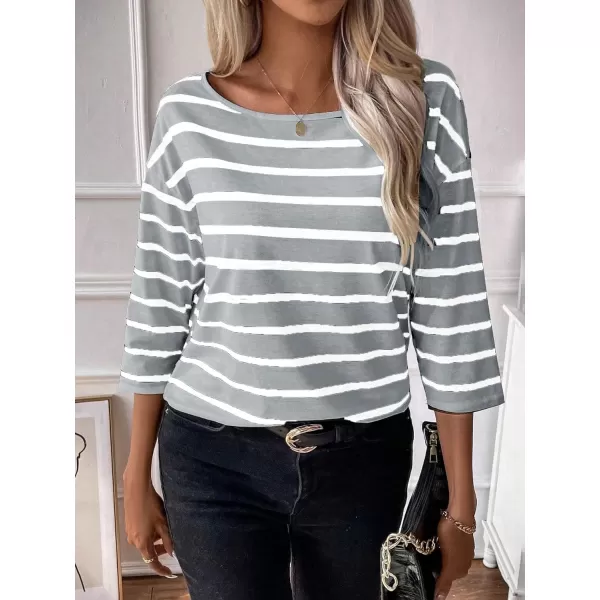 SweatyRocks Women's Striped Print 3/4 Sleeve Tee Scoop Neck Drop Shoulder T Shirts