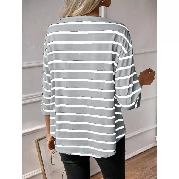 SweatyRocks Women's Striped Print 3/4 Sleeve Tee Scoop Neck Drop Shoulder T Shirts