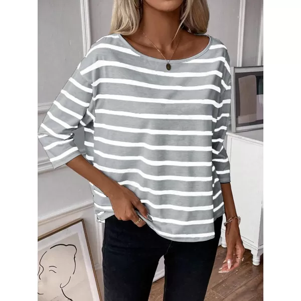 SweatyRocks Women's Striped Print 3/4 Sleeve Tee Scoop Neck Drop Shoulder T Shirts