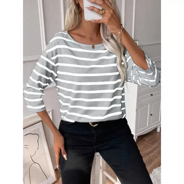 SweatyRocks Women's Striped Print 3/4 Sleeve Tee Scoop Neck Drop Shoulder T Shirts