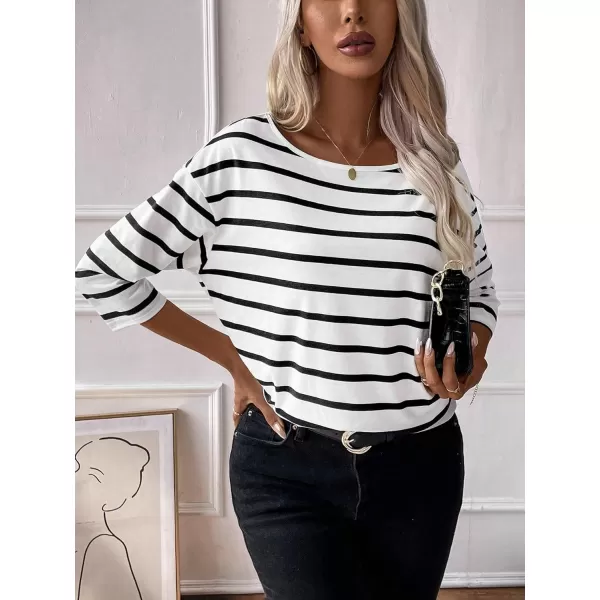 SweatyRocks Women's Striped Print 3/4 Sleeve Tee Scoop Neck Drop Shoulder T Shirts