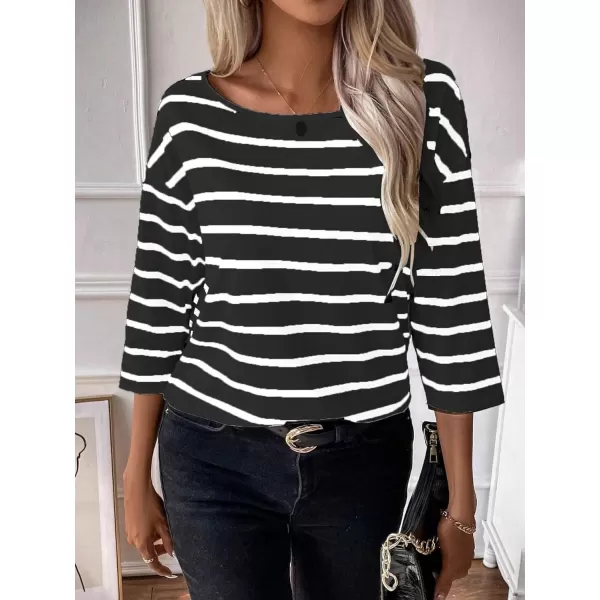 SweatyRocks Women's Striped Print 3/4 Sleeve Tee Scoop Neck Drop Shoulder T Shirts