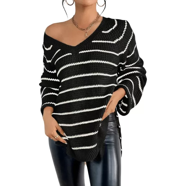 SweatyRocks Women's Striped Print Long Sleeve Sweater V Neck Split Hem Pullover Sweaters Tops