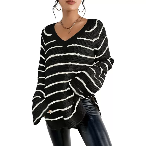 SweatyRocks Women's Striped Print Long Sleeve Sweater V Neck Split Hem Pullover Sweaters Tops