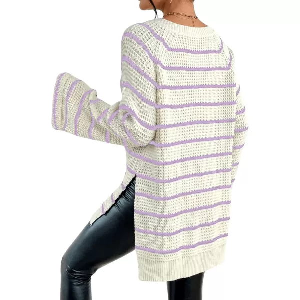 SweatyRocks Women's Striped Print Long Sleeve Sweater V Neck Split Hem Pullover Sweaters Tops
