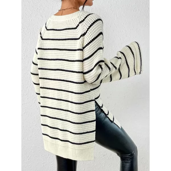SweatyRocks Women's Striped Print Long Sleeve Sweater V Neck Split Hem Pullover Sweaters Tops
