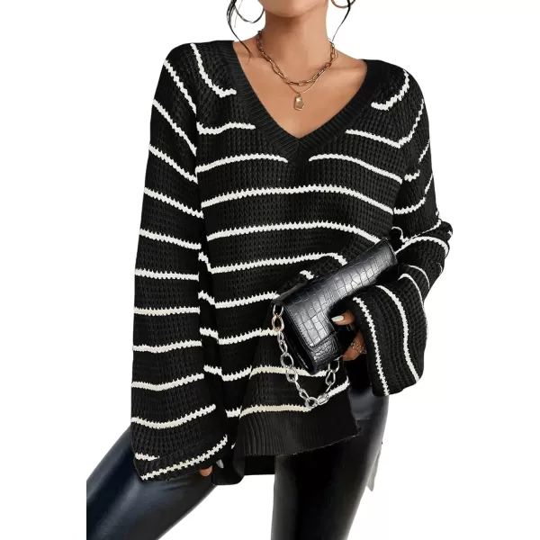 SweatyRocks Women's Striped Print Long Sleeve Sweater V Neck Split Hem Pullover Sweaters Tops