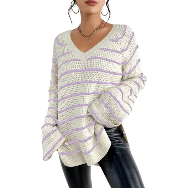 SweatyRocks Women's Striped Print Long Sleeve Sweater V Neck Split Hem Pullover Sweaters Tops
