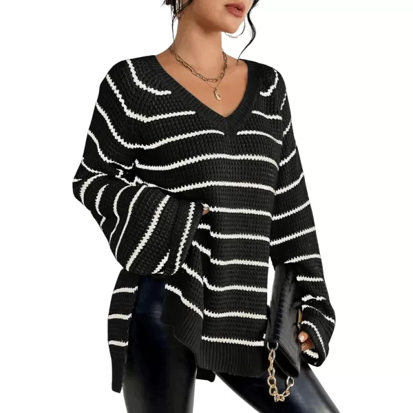 SweatyRocks Women's Striped Print Long Sleeve Sweater V Neck Split Hem Pullover Sweaters Tops