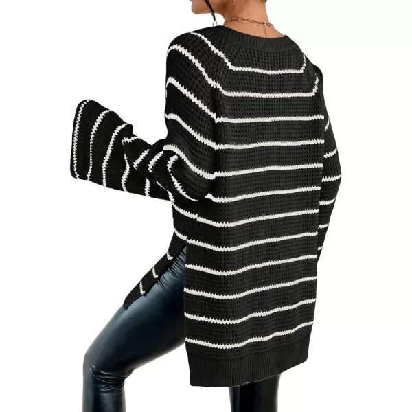 SweatyRocks Women's Striped Print Long Sleeve Sweater V Neck Split Hem Pullover Sweaters Tops