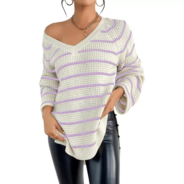 SweatyRocks Women's Striped Print Long Sleeve Sweater V Neck Split Hem Pullover Sweaters Tops