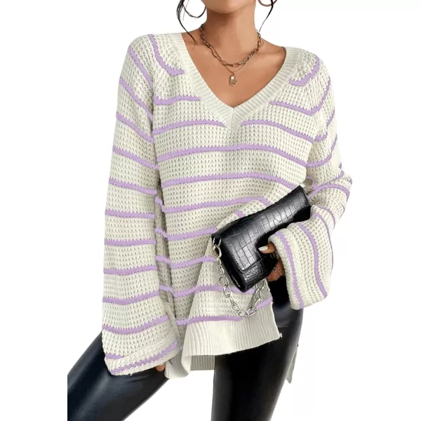 SweatyRocks Women's Striped Print Long Sleeve Sweater V Neck Split Hem Pullover Sweaters Tops