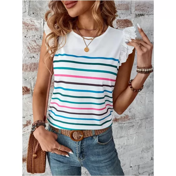 SweatyRocks Women's Striped Print Round Neck Tee Shirt Ruffle Lace Cap Sleeve Summer Tops