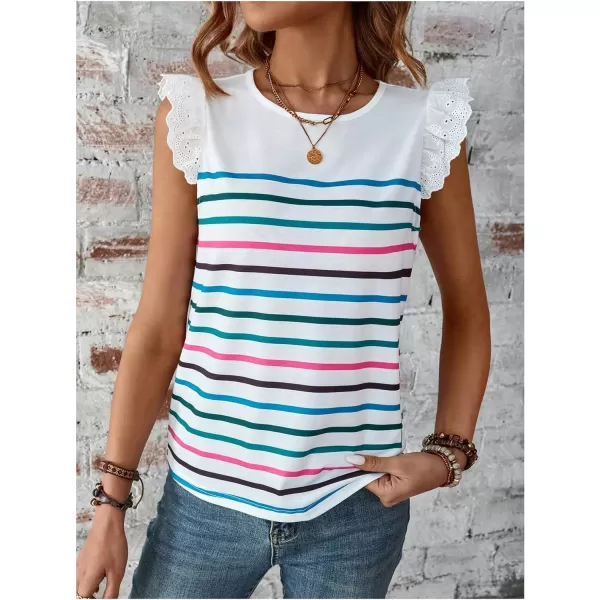 SweatyRocks Women's Striped Print Round Neck Tee Shirt Ruffle Lace Cap Sleeve Summer Tops