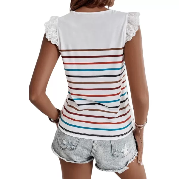 SweatyRocks Women's Striped Print Round Neck Tee Shirt Ruffle Lace Cap Sleeve Summer Tops