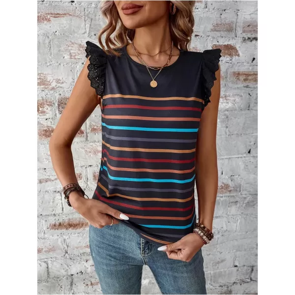SweatyRocks Women's Striped Print Round Neck Tee Shirt Ruffle Lace Cap Sleeve Summer Tops