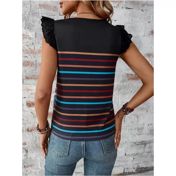 SweatyRocks Women's Striped Print Round Neck Tee Shirt Ruffle Lace Cap Sleeve Summer Tops