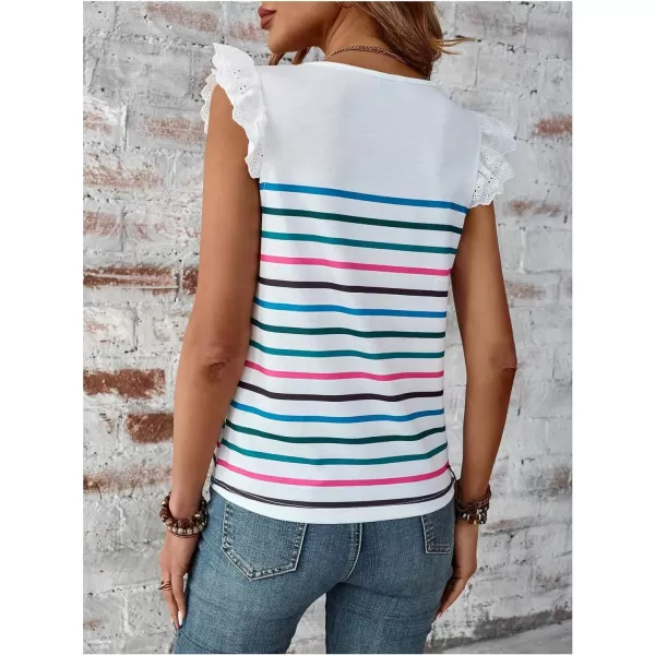 SweatyRocks Women's Striped Print Round Neck Tee Shirt Ruffle Lace Cap Sleeve Summer Tops