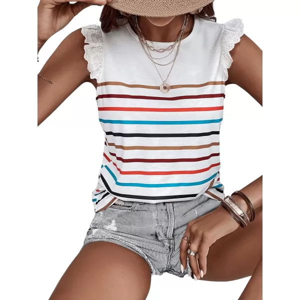 SweatyRocks Women's Striped Print Round Neck Tee Shirt Ruffle Lace Cap Sleeve Summer Tops