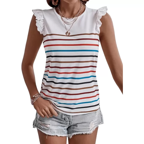 SweatyRocks Women's Striped Print Round Neck Tee Shirt Ruffle Lace Cap Sleeve Summer Tops