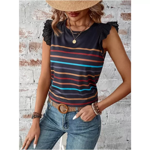 SweatyRocks Women's Striped Print Round Neck Tee Shirt Ruffle Lace Cap Sleeve Summer Tops