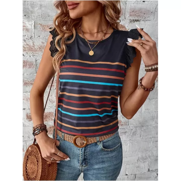 SweatyRocks Women's Striped Print Round Neck Tee Shirt Ruffle Lace Cap Sleeve Summer Tops