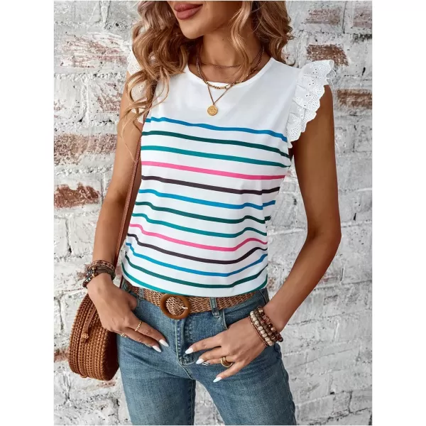 SweatyRocks Women's Striped Print Round Neck Tee Shirt Ruffle Lace Cap Sleeve Summer Tops