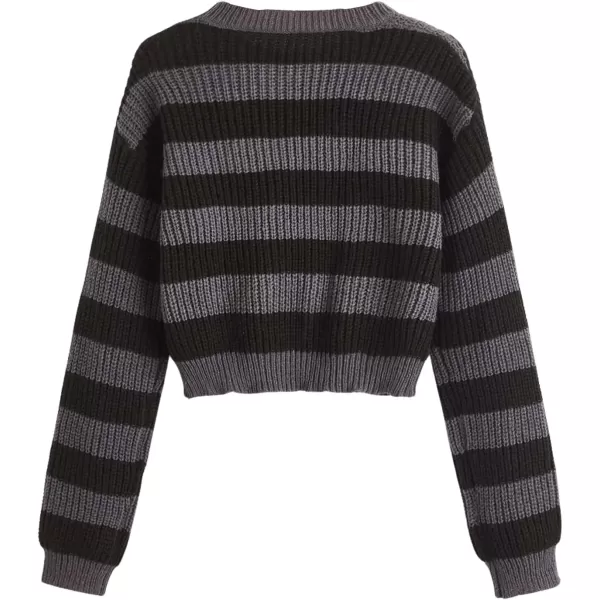 SweatyRocks Women's Striped Round Neck Drop Shoulder Crop Sweater Long Sleeve Knitted Top