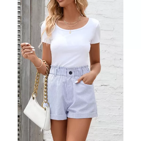 SweatyRocks Women's Striped Ruffle Elastic High Waisted Shorts Straight Leg Roll Hem Short Pants with Pockets