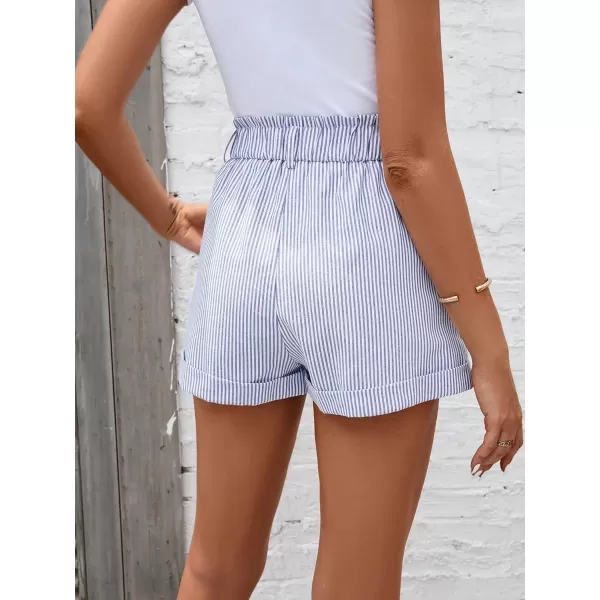 SweatyRocks Women's Striped Ruffle Elastic High Waisted Shorts Straight Leg Roll Hem Short Pants with Pockets