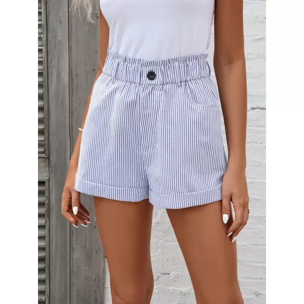 SweatyRocks Women's Striped Ruffle Elastic High Waisted Shorts Straight Leg Roll Hem Short Pants with Pockets