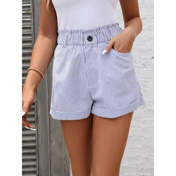 SweatyRocks Women's Striped Ruffle Elastic High Waisted Shorts Straight Leg Roll Hem Short Pants with Pockets