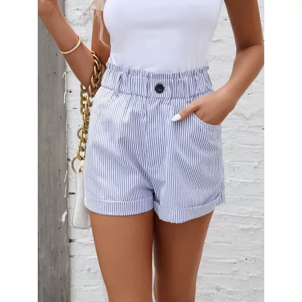 SweatyRocks Women's Striped Ruffle Elastic High Waisted Shorts Straight Leg Roll Hem Short Pants with Pockets