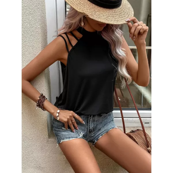 SweatyRocks Women's Summer Casual Sleeveless Halter Top Asymmetrical Cut Out Solid Tank Tops