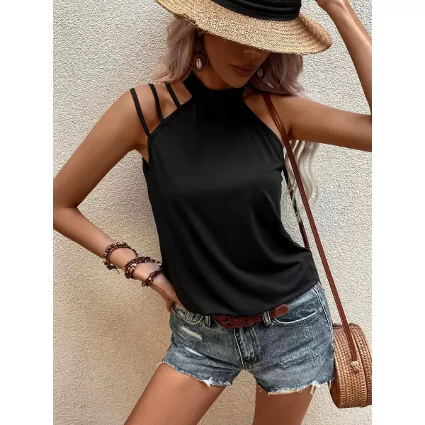 SweatyRocks Women's Summer Casual Sleeveless Halter Top Asymmetrical Cut Out Solid Tank Tops