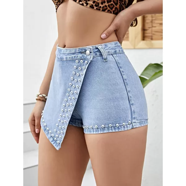 SweatyRocks Women's Summer High Waist Asymmetrical Hem Jean Shorts Beaded Slim Fit Denim Mini Skort Shorts