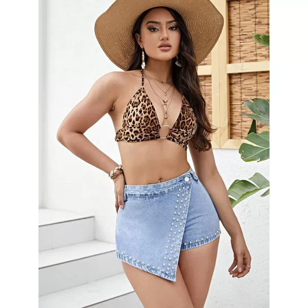SweatyRocks Women's Summer High Waist Asymmetrical Hem Jean Shorts Beaded Slim Fit Denim Mini Skort Shorts