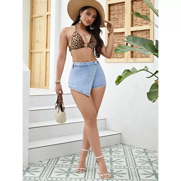 SweatyRocks Women's Summer High Waist Asymmetrical Hem Jean Shorts Beaded Slim Fit Denim Mini Skort Shorts
