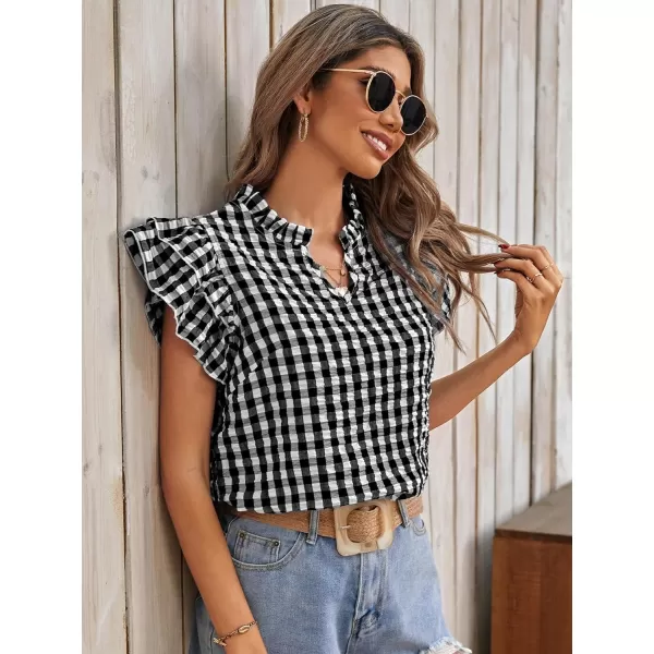 SweatyRocks Women's Summer Plaid Print V Neck Shirt Tiered Ruffle Cap Sleeve Pullover Blouse Top