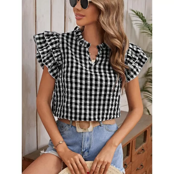 SweatyRocks Women's Summer Plaid Print V Neck Shirt Tiered Ruffle Cap Sleeve Pullover Blouse Top