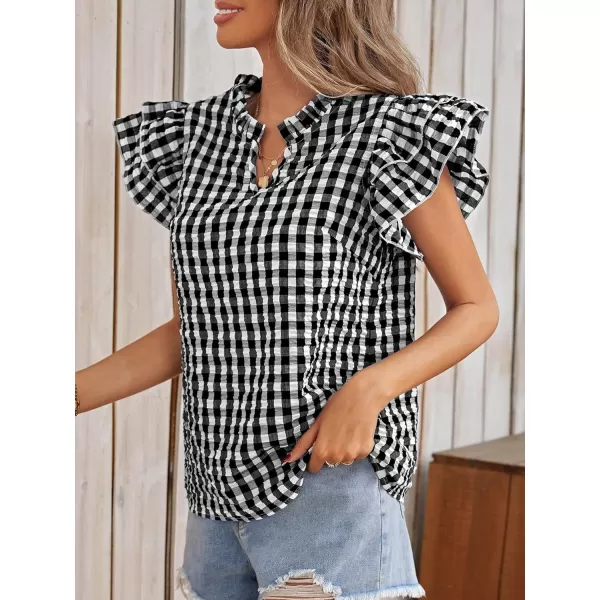 SweatyRocks Women's Summer Plaid Print V Neck Shirt Tiered Ruffle Cap Sleeve Pullover Blouse Top