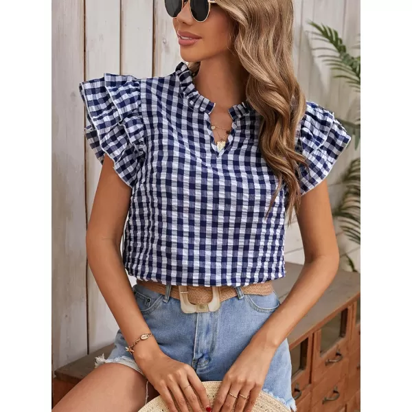 SweatyRocks Women's Summer Plaid Print V Neck Shirt Tiered Ruffle Cap Sleeve Pullover Blouse Top
