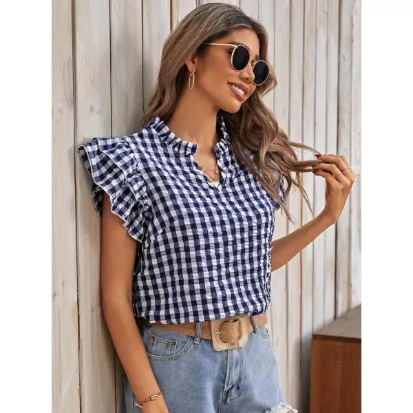 SweatyRocks Women's Summer Plaid Print V Neck Shirt Tiered Ruffle Cap Sleeve Pullover Blouse Top