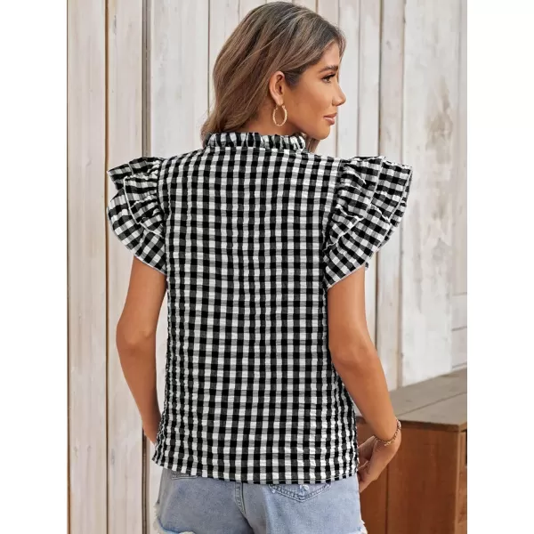 SweatyRocks Women's Summer Plaid Print V Neck Shirt Tiered Ruffle Cap Sleeve Pullover Blouse Top