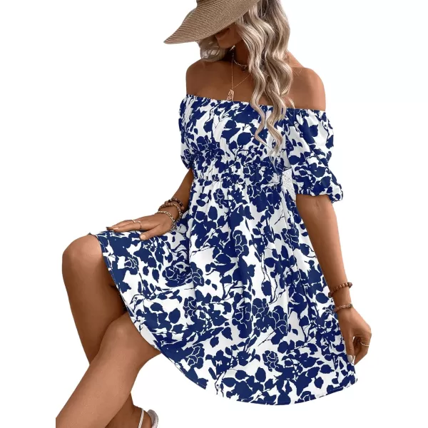 SweatyRocks Women's Summer Short Puff Sleeve Off Shoulder Floral Print Flare Short Dress