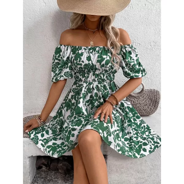 SweatyRocks Women's Summer Short Puff Sleeve Off Shoulder Floral Print Flare Short Dress