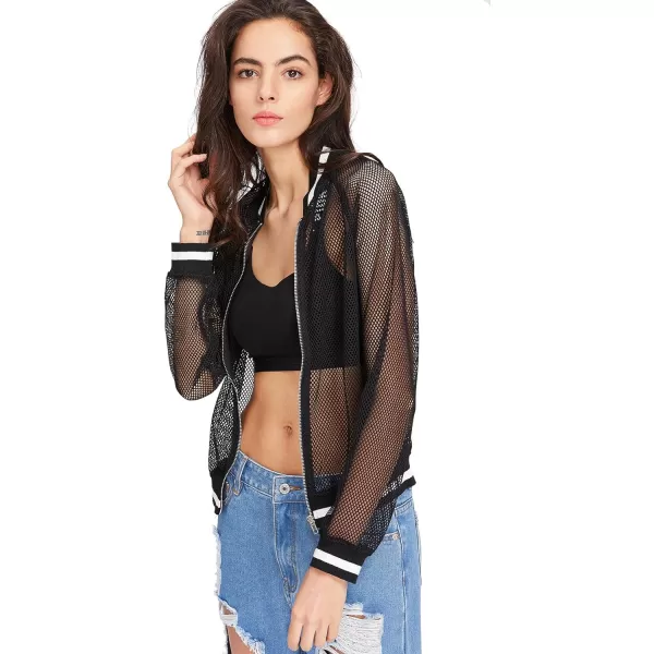 SweatyRocks Women's Summer Zip Up Light Weight Long Sleeve Mesh Bomber Jacket