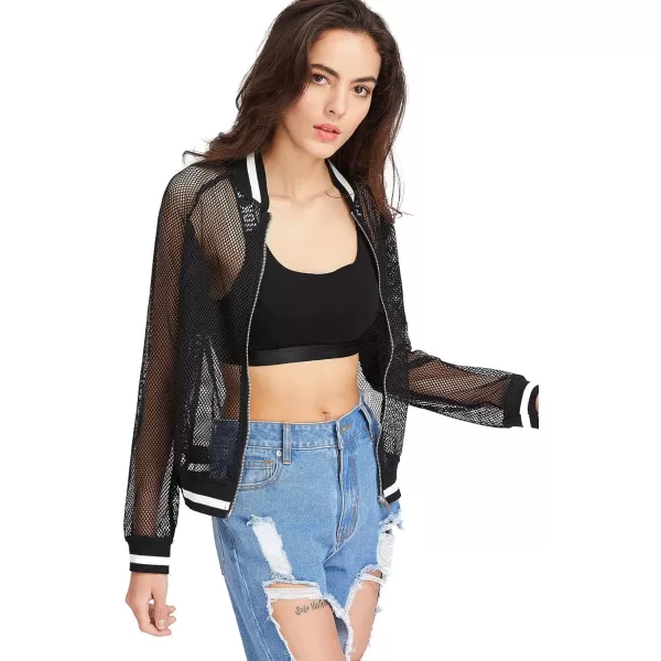 SweatyRocks Women's Summer Zip Up Light Weight Long Sleeve Mesh Bomber Jacket