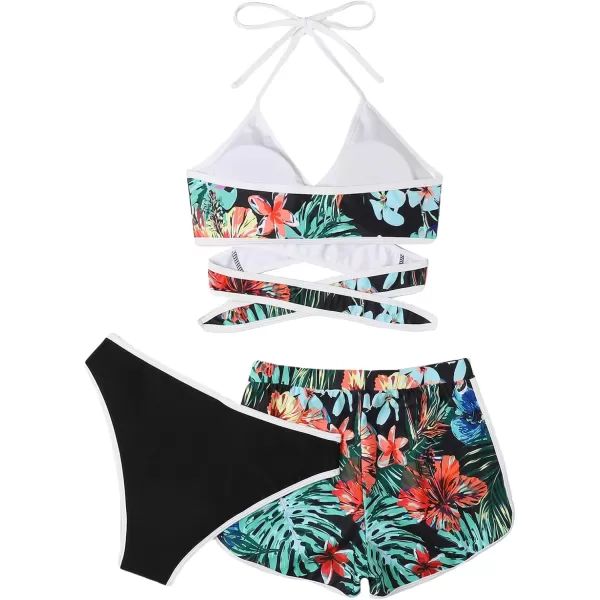 SweatyRocks Women's Three Piece Swimsuit Leaf Print Wrap Halter Top with Shorts Bikini Set