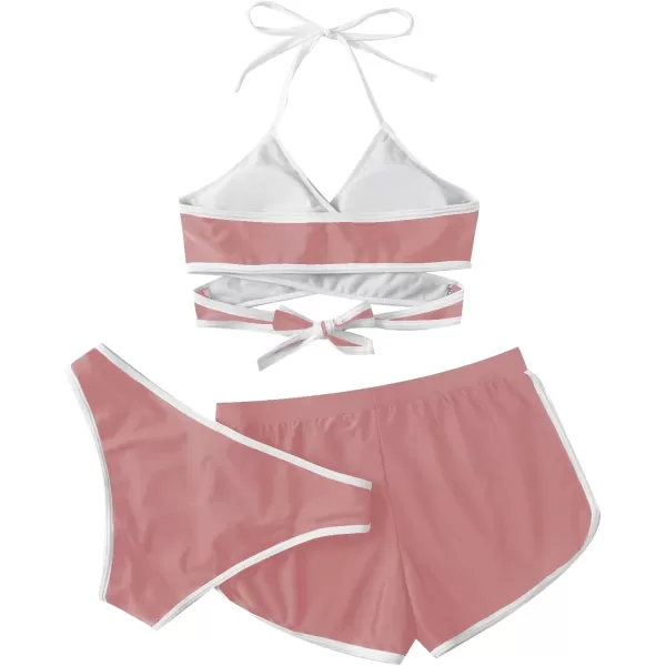 SweatyRocks Women's Three Piece Swimsuit Leaf Print Wrap Halter Top with Shorts Bikini Set